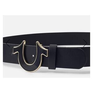 True Religion Mens Belt Size 34 Sage II Enamel Horseshoe Black/Gold Buckle New